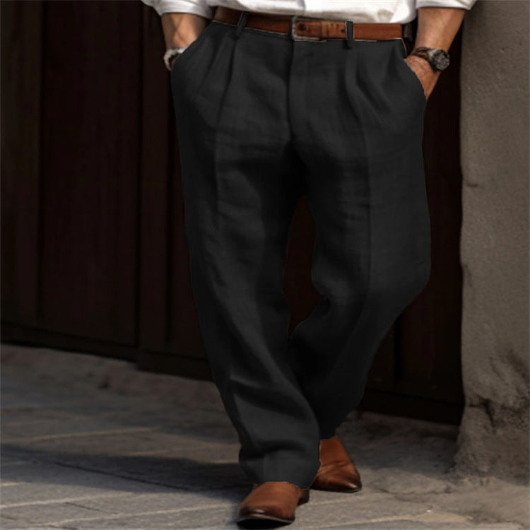 Men's Linen Trousers Double Pleated Front Pocket Straight Pure Color Comfort Breathable Casual