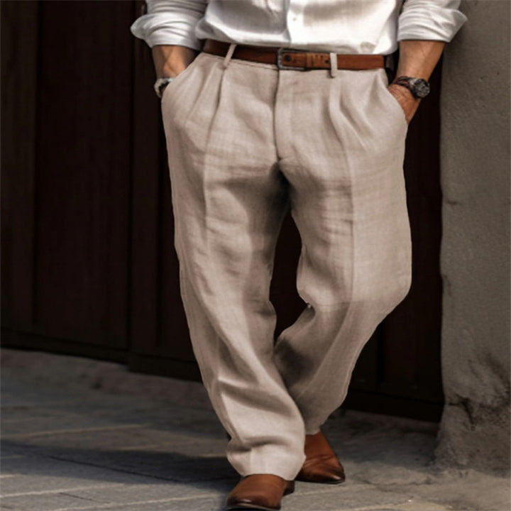 Men's Linen Trousers Double Pleated Front Pocket Straight Pure Color Comfort Breathable Casual