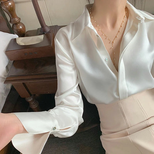 Women's Satin Blouse Long Sleeve French Fashion Solid Color Shirts